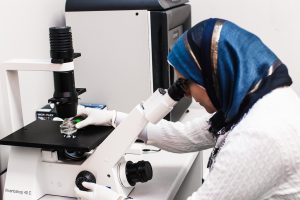 Heba Abdelgaffar looking into a microscope in the Jurat-Fuentes lab